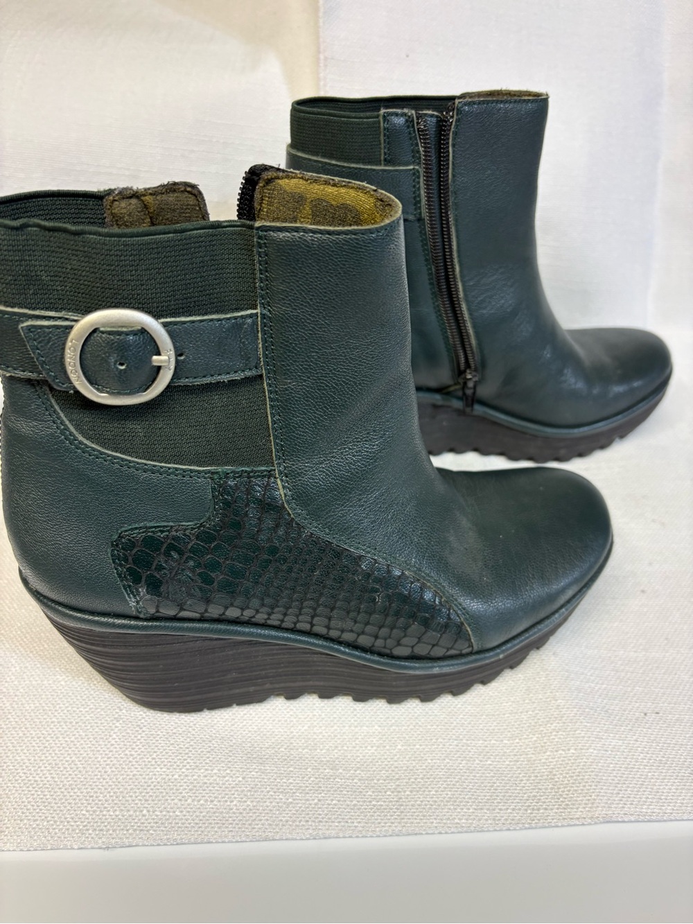 Fly London Wedge Ankle Boots in Dark Green with Buckle Detail